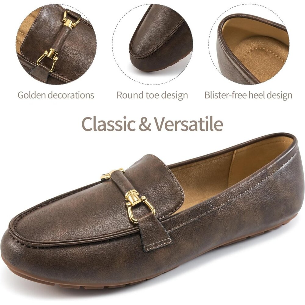 Women's Moccasins Loafers Brown Leather Casual Pull On Round Toe Penny Shoes - Picture 4 of 6